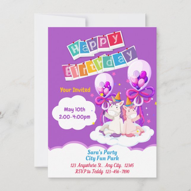 Invitation d'anniversaire Fun Unicorn Balloon  (Devant)