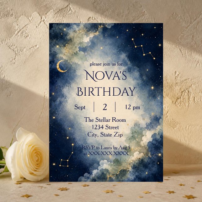 Invitation d'anniversaire Galaxie Céleste | Aquare (Elegant celestial birthday invitation with watercolor clouds, moon, stars and constellations.)