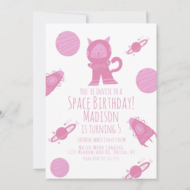 Invitation d'anniversaire Galaxie Rose Chat de l'E (Devant)