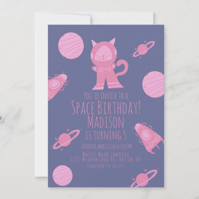 Invitation d'anniversaire Galaxie Rose Violet Chat (Devant)