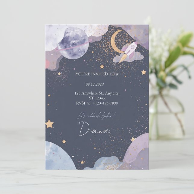 Invitation d'anniversaire Galaxie spatiale (Debout devant)