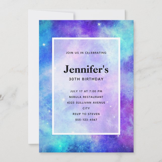 Invitation d'anniversaire Galaxie Violette et Bleu (Devant)