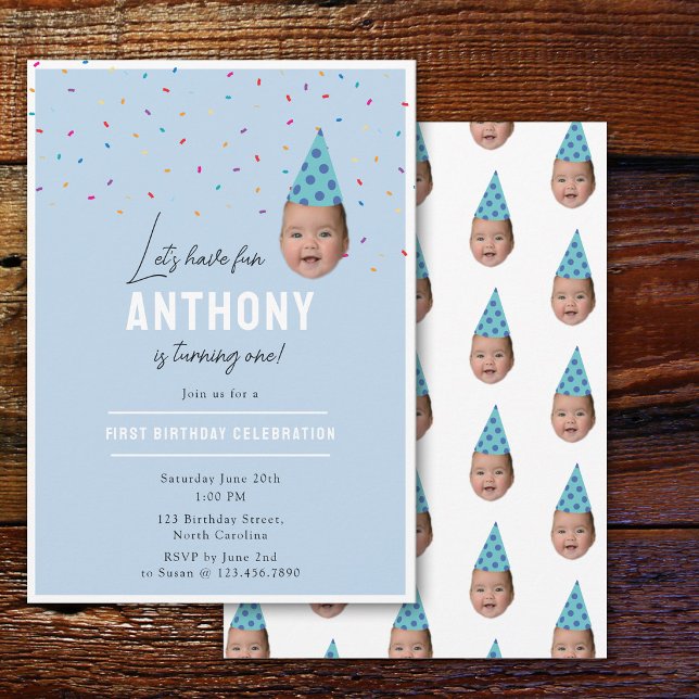 Invitation d'anniversaire garçon 1er anniversaire  (Boy Birthday Invite 1st Birthday Baby Face Photo)