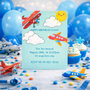 Invitation d'anniversaire garçon avion bleu rouge 