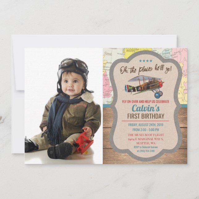 Invitation d'anniversaire garçon avion vintage - T (Devant)