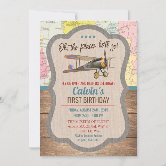 Invitation d'anniversaire garçon avion vintage - T (Devant)