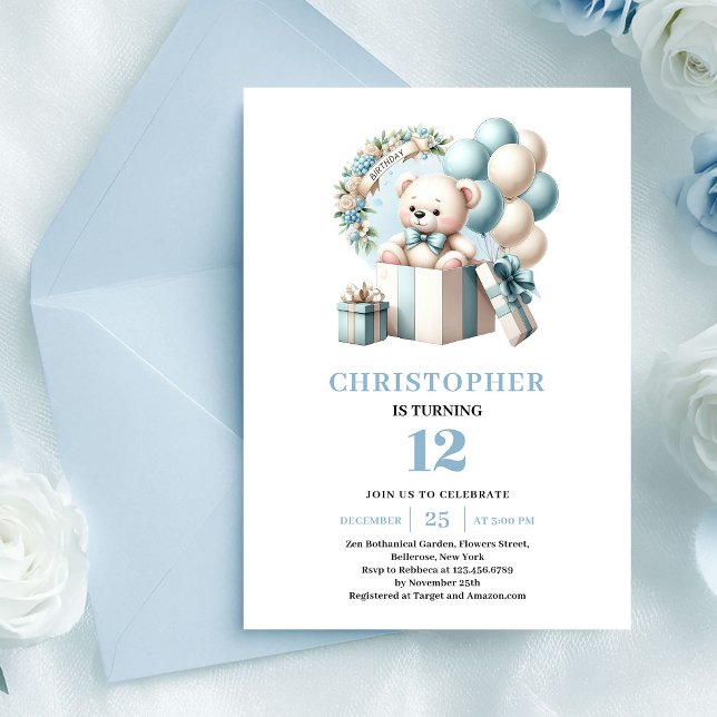 Invitation d'anniversaire garçon ballons ours en p (Cute teddy bear balloon boy birthday invitation)