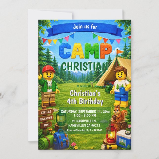 Invitation d'anniversaire garçon Bricks Camp (Devant)