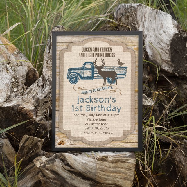 Invitation d'anniversaire garçon camion cerf rusti (Créateur téléchargé)