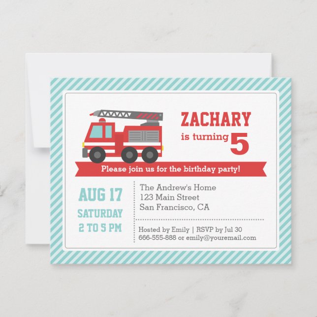 Invitation d'anniversaire garçon camion de pompier (Devant)