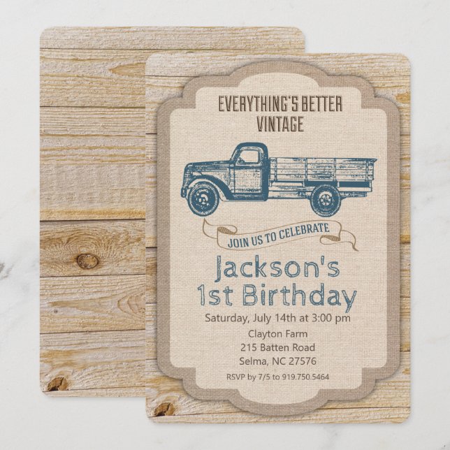 Invitation d'anniversaire garçon camion rustique - (Devant / Derrière)