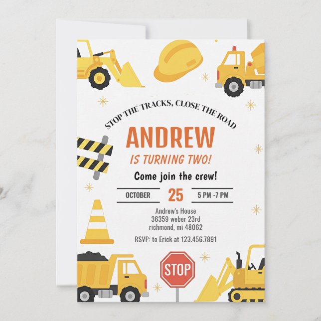 Invitation d'anniversaire garçon construction mode (Devant)