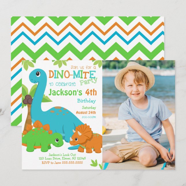 Invitation d'anniversaire garçon dinosaure / Fête  (Devant / Derrière)