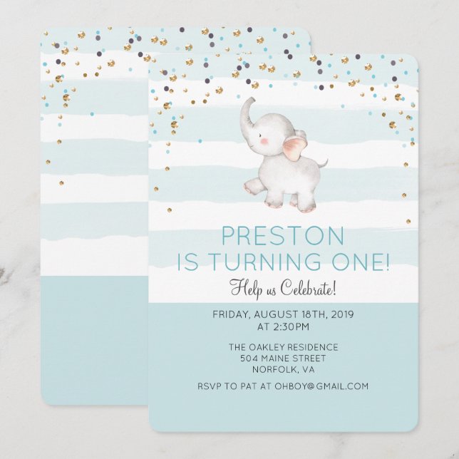 Invitation d'anniversaire garçon éléphant - TOUS Â (Devant / Derrière)