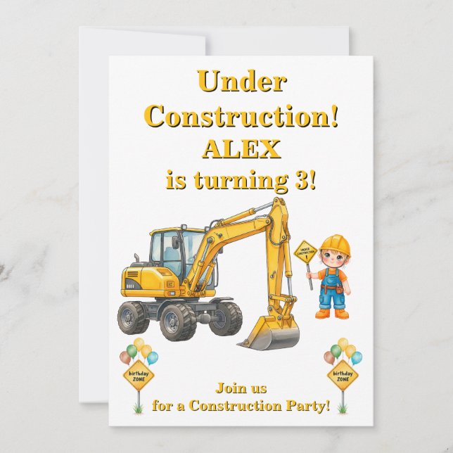 Invitation d'anniversaire garçon en construction  (Devant)