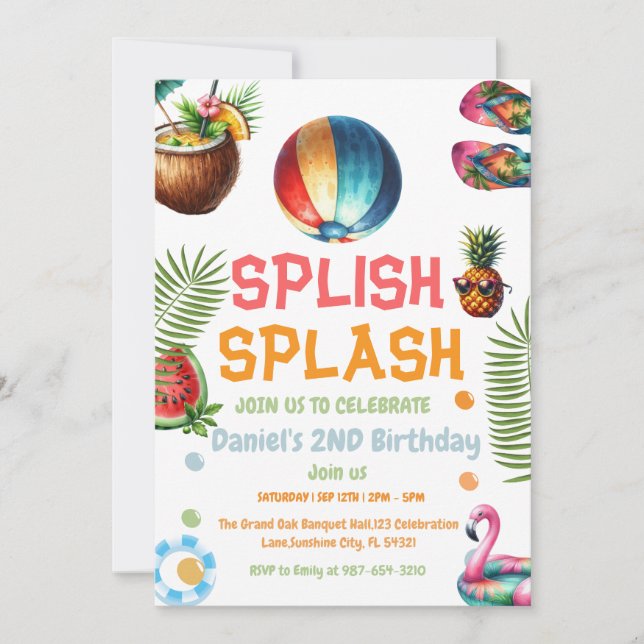 Invitation d'anniversaire garçon fête piscine avec (Devant)