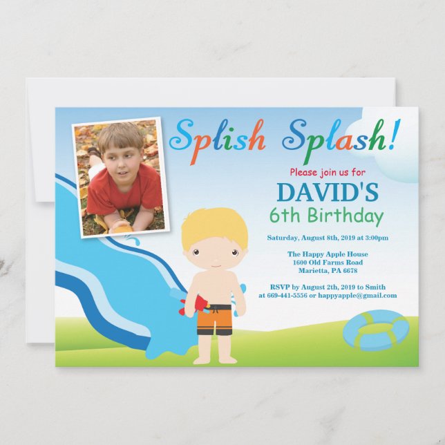 Invitation d'anniversaire garçon fête piscine tobo (Devant)
