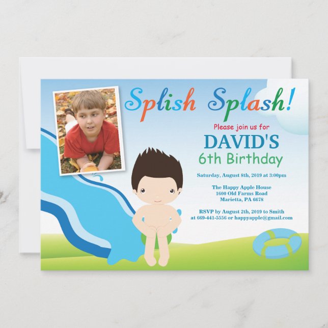 Invitation d'anniversaire garçon fête piscine tobo (Devant)
