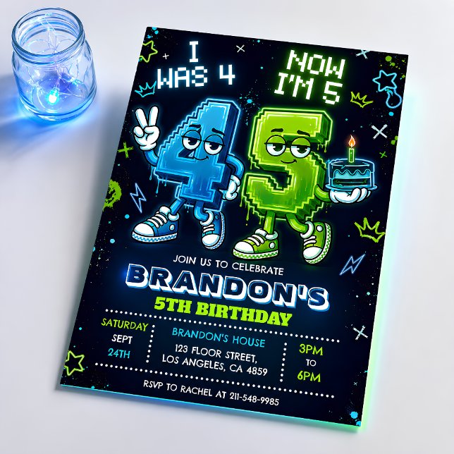 Invitation d'anniversaire garçon Neon Glow 5 ans (Créateur téléchargé)
