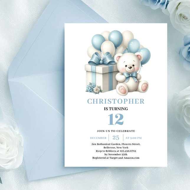 Invitation d'anniversaire garçon ours en peluche b (Boy birthday invitation teddy bear balloons blue)