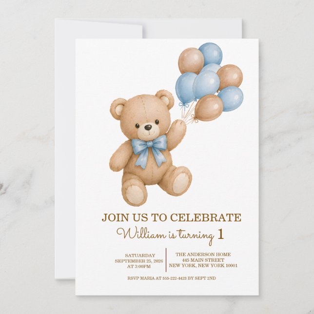 Invitation d'anniversaire garçon ours en peluche p (Devant)