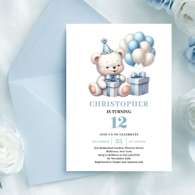 Invitation d'anniversaire garçon ourson magique bl (Magical teddy bear dusty blue boy birthday invitation

)