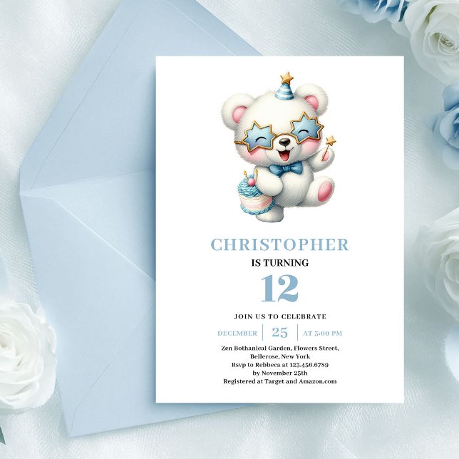 Invitation d'anniversaire garçon ourson mignon ble (Cute teddy bear dusty blue boy birthday invitation

)