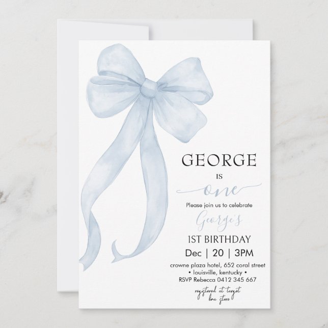 Invitation d'anniversaire garçon ruban bleu (Devant)