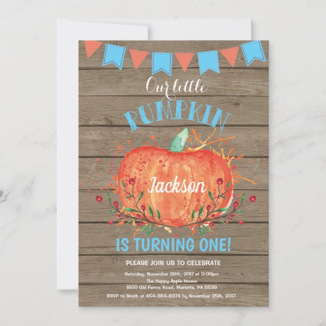 Invitation d'anniversaire garçon rustique citrouil (Devant)