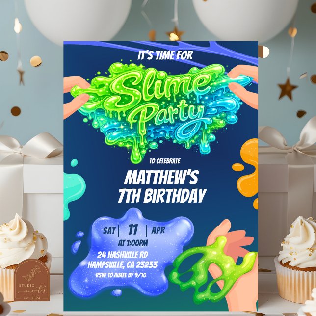 Invitation d'anniversaire garçon slime bleu néon v (Créateur téléchargé)