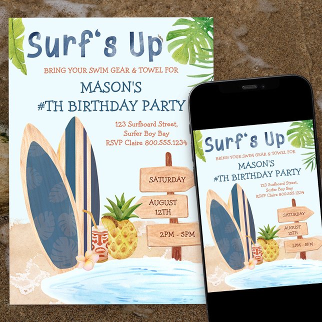 Invitation d'anniversaire garçon surf planche de s (Créateur téléchargé)