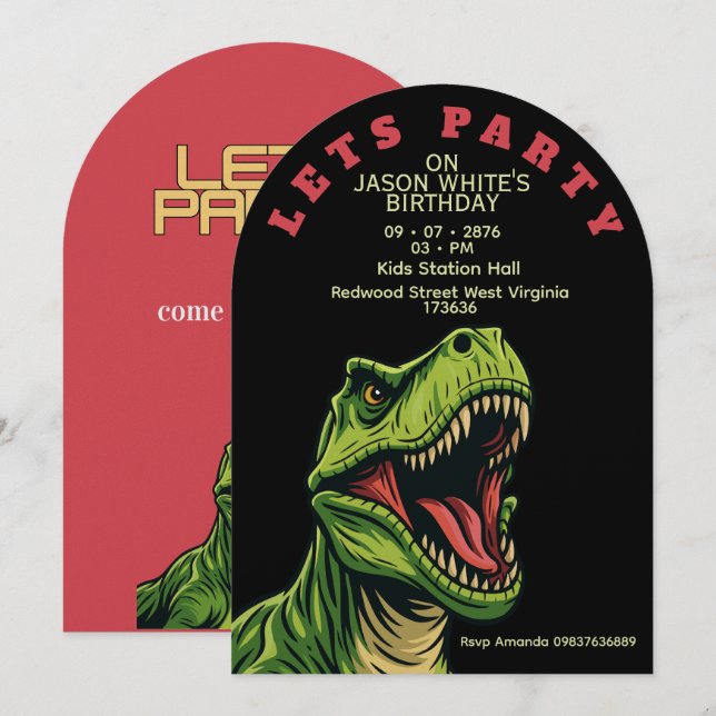 Invitation d'anniversaire garçon thème T-Rex (Devant / Derrière)
