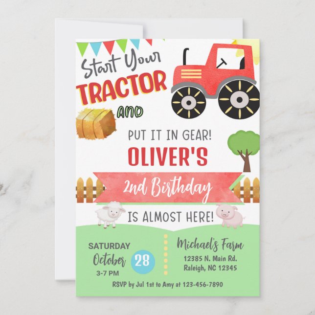 Invitation d'anniversaire garçon tracteur rouge de (Devant)