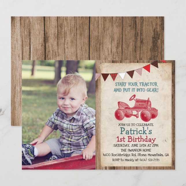Invitation d'anniversaire garçon tracteur vintage  (Devant / Derrière)