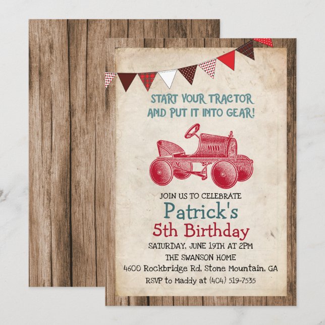 Invitation d'anniversaire garçon tracteur vintage  (Devant / Derrière)
