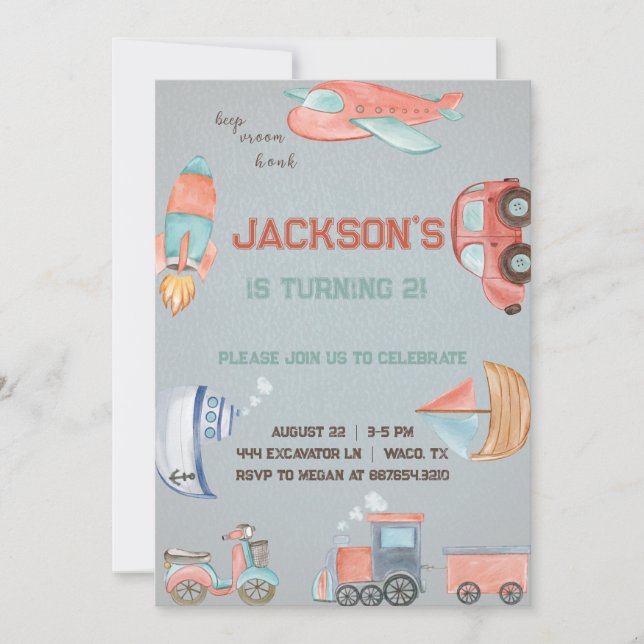 Invitation d'anniversaire garçon transport. (Devant)