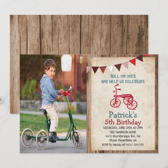 Invitation d'anniversaire garçon tricycle rustique (Devant / Derrière)