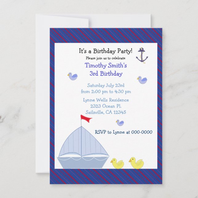 Invitation d'anniversaire garçon voilier nautique (Devant)
