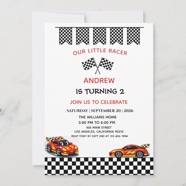 Invitation d'anniversaire garçon voiture de course (Devant)