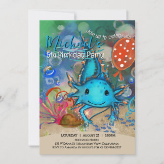 Invitation d'anniversaire garçons Axolotl aquarell