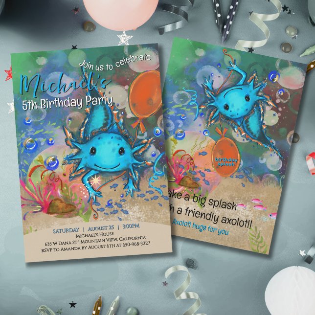 Invitation d'anniversaire garçons Axolotl Aquarell (Whimsical Watercolor Blue Axolotl Boys Birthday Invitation)