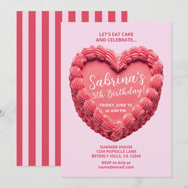 Invitation d'anniversaire Gâteau en forme de cœur  (Devant / Derrière)