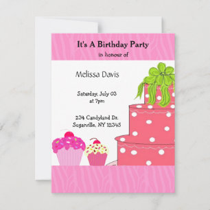 Invitation d'anniversaire Gâteau rose et Cupcakes