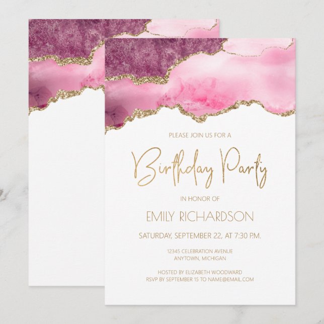 Invitation d'anniversaire Geode d'agate or rose To (Devant / Derrière)