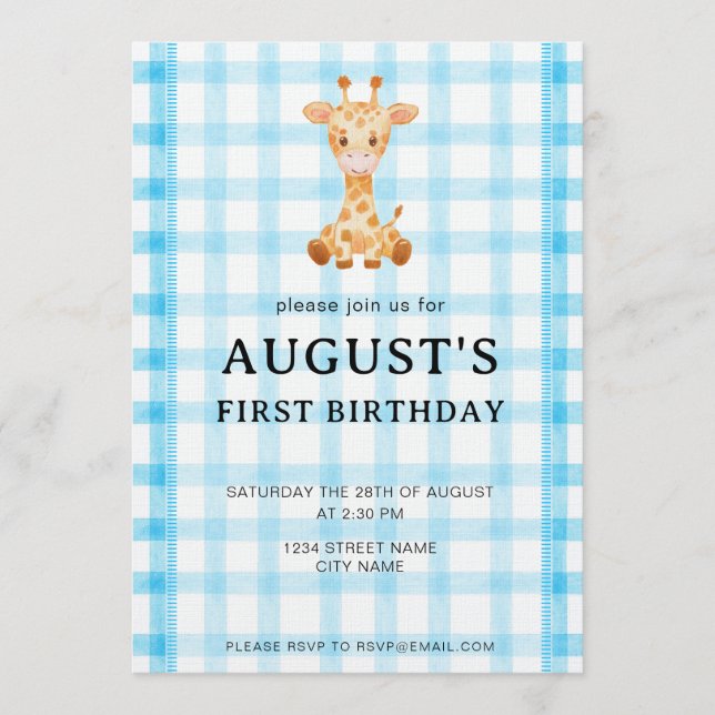 Invitation d'anniversaire girafe à carreaux bleu c (Devant)