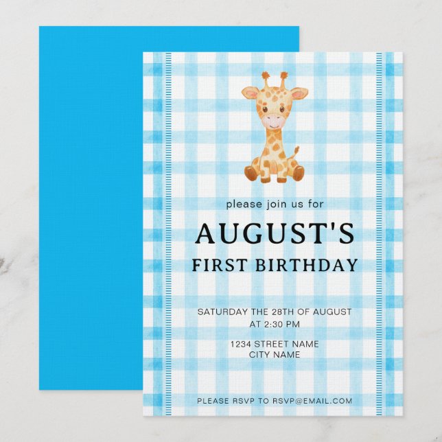 Invitation d'anniversaire girafe à carreaux bleu c (Devant / Derrière)