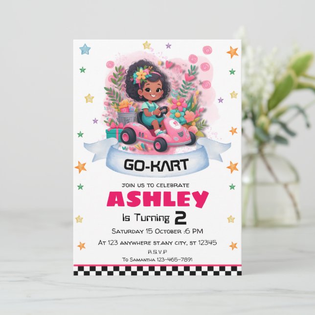 Invitation d'anniversaire Girly Go Kart (Debout devant)