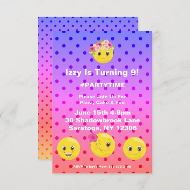 Invitation d'anniversaire Girly Polkadot Emoji (Devant / Derrière)