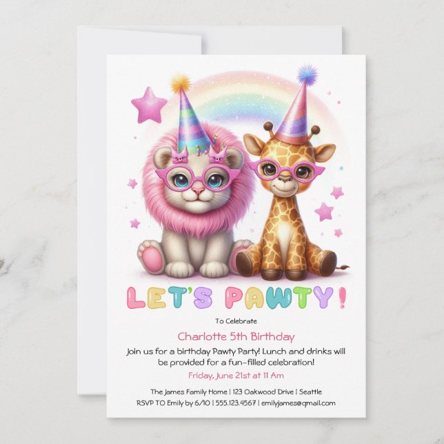 Invitation d'anniversaire Glitter Safari Adorable  (Devant)