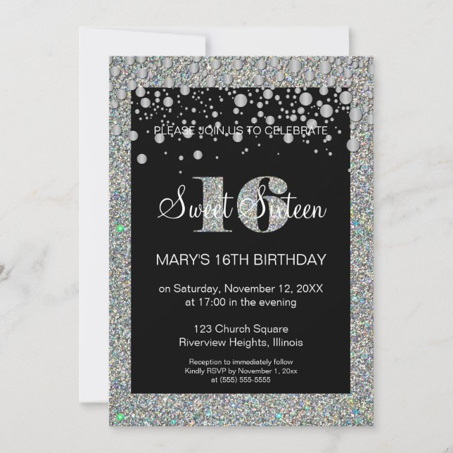 Invitation d'anniversaire Glitter Sweet 16 (Devant)